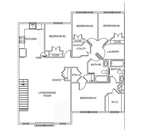 Floor plan for 4 beds, 2 baths, 1579 sqft